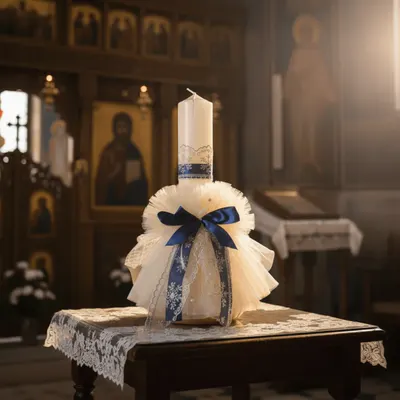 Lumanare de botez alba cu funda albastra si dantela fin