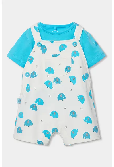 Set de tricou si salopeta cu elefanti - Alb fildes/Albastru deschis