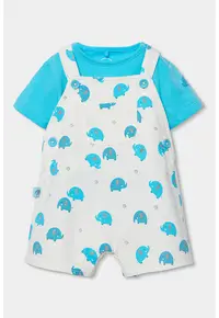 Set de tricou si salopeta cu elefanti - Alb fildes/Albastru deschis