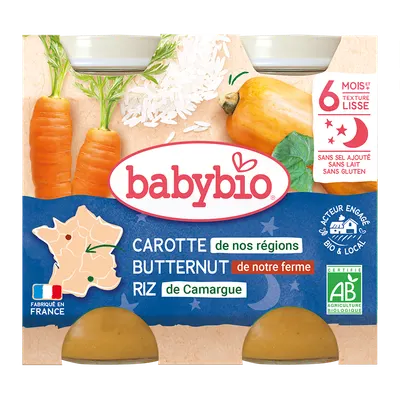 Piure de morcovi, dovleac si orez Bio, 2 x 200g, BabyBio