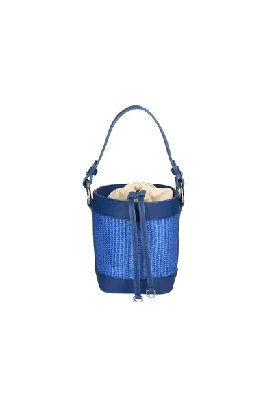 Geanta bucket de paie si piele - Albastru royal