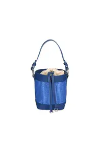 Geanta bucket de paie si piele - Albastru royal