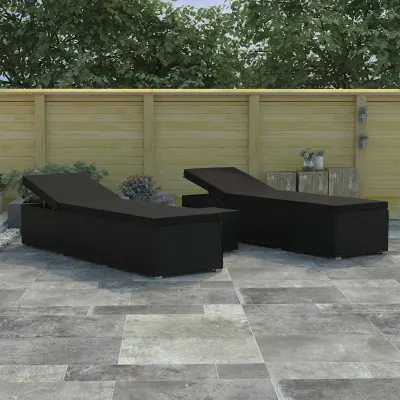 vidaXL Șezlonguri pentru grădină cu pernă 3 pcs Negru Rattan poli