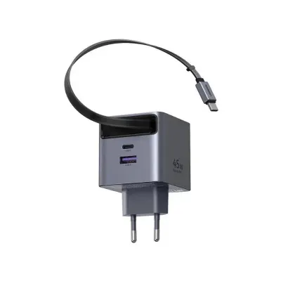 Incarcator rapid cu cablu retractabil UGREEN 45W GaN Fast Charger X614, 2 x USB C + 1 x USB A, Gri