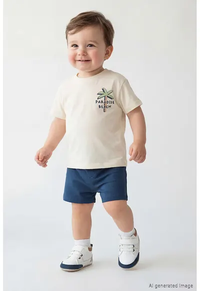 Set de tricou si pantaloni scurti - 2 piese - Crem/Bleumarin