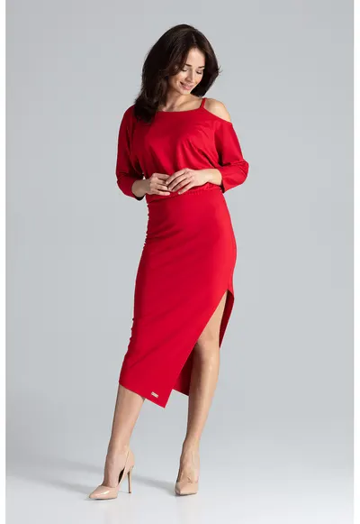 Rochie mulata K479 - asimetrica - rosu - poliester - elastan - viscoza