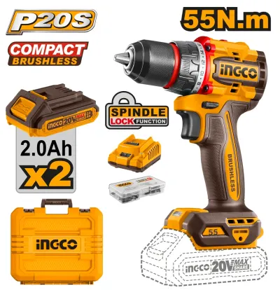 Masina de Gaurit si Insurubat 20V INGCO CDLI20558E, 55Nm, brushless, 2 viteze 0-500/2000 rpm, mandrina metalica 13 mm, 2 acumulatori 2.0Ah, incarcator, 47 accesorii