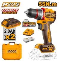 Masina de Gaurit si Insurubat 20V INGCO CDLI20558E, 55Nm, brushless, 2 viteze 0-500/2000 rpm, mandrina metalica 13 mm, 2 acumulatori 2.0Ah, incarcator, 47 accesorii