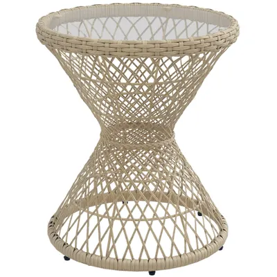 Outsunny Masă de cafea Boho design, placă de sticlă, PE-Rattan, 45 cm x 45 cm x 52 cm, Natural | Aosom Romania