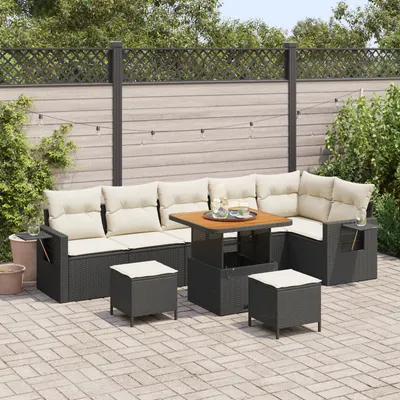 Gossi set de canapea pentru gradina , 9 piese, cu perne, ratan poly negru si acacia, set de dining pentru gradina , 3 piese, cu perne, ratan poly negru si acacia