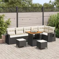 Gossi set de canapea pentru gradina , 9 piese, cu perne, ratan poly negru si acacia, set de dining pentru gradina , 3 piese, cu perne, ratan poly negru si acacia