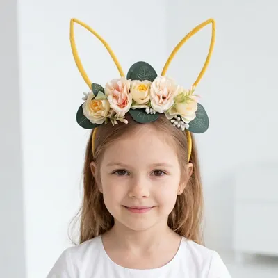 Bentiță de păr, galbenă cu urechiușe și floricele, Zooky