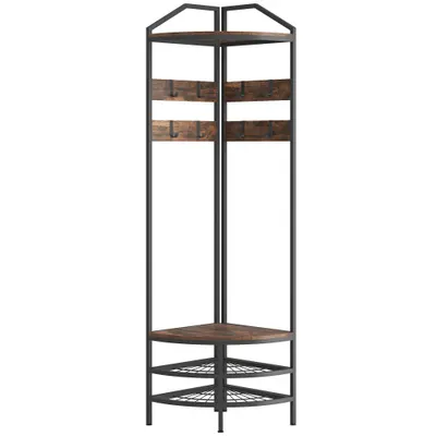 HOMCOM Mobilier de intrare de colț, vestiar cu 4 niveluri, depozitare pentru încălțăminte, 8 cârlige mobile, 2 rafturi, maro rustic | Aosom Romania