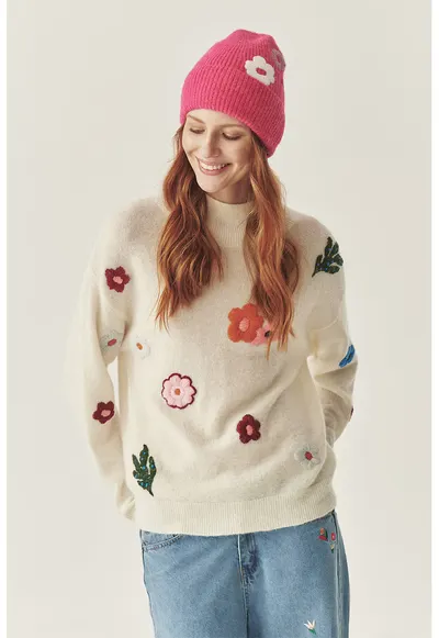Pulover din amestec de lana cu broderii flroale TATUUM x Adeline Wang - Verde/Visiniu/Alb fildes