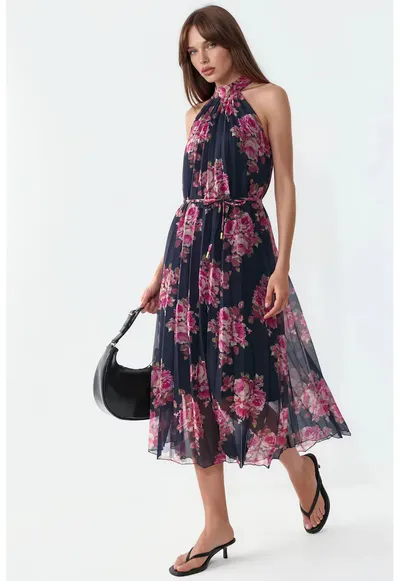 Rochie Maxi Florala cu Detaliu Snur - Multicolor - Poliester