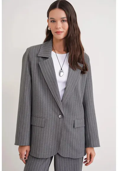 Sacou dama - supradimensionat - model cu dungi - gri - textil