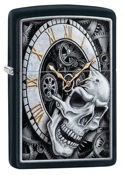 Bricheta Zippo - Black Matte, ceas cu craniu