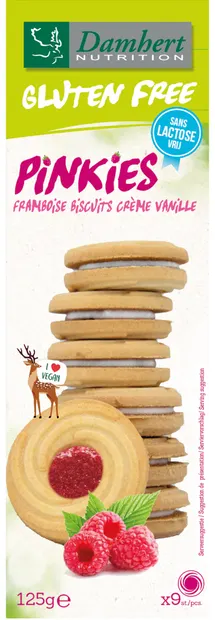 Biscuiți fără gluten cu cremă de vanilie și zmeură, 125 g, Damhert
