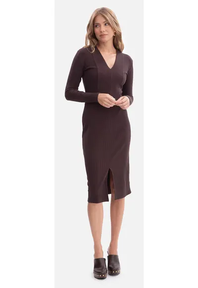 Rochie creion - B307 ciocolata maneci lungi - decolteu in V - Tiv ondulat - fara captuseala - lungime midi - Ciocolata