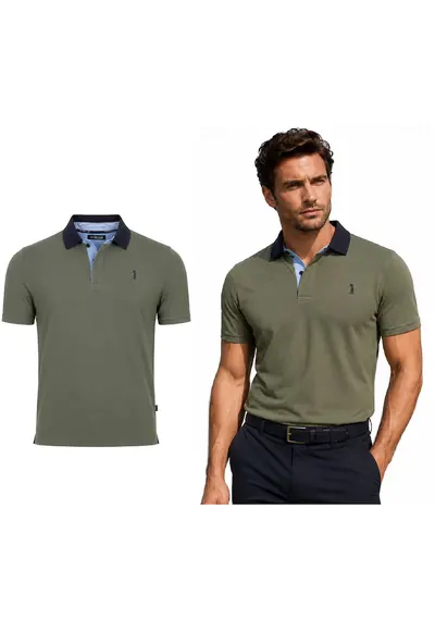 Tricou polo din bumbac cu guler contrastant - Kaki