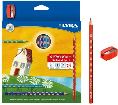 Creioane colorate LYRA Groove Slim + ascuțitoare triunghiulară, 24 de culori, ambalaj din carton