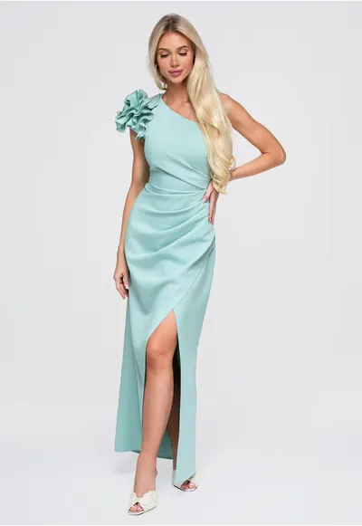 Rochie elegantă maxi cu drapare și decolteu asimetric LA-OM-DLR377 - Verde