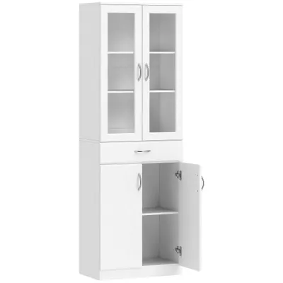 HOMCOM Dulap de Bucătărie Înalt 180 cm cu Uși din Sticlă Soft-Close, Sertar și 2 Dulapuri, Polițe Reglabile, Alb | Aosom Romania