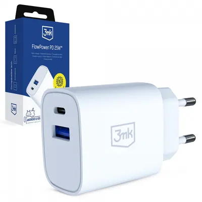 Incarcator Retea 3MK FlowPower, 25W, 1 x USB-A - 1 x USB-C, Alb