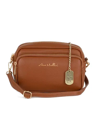 Geanta crossbody din piele cu buzunar frontal cu fermoar - Maro