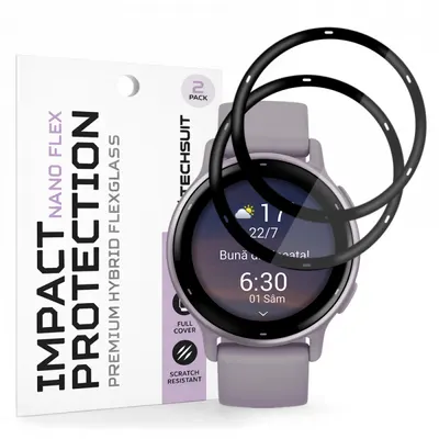 Folie Protectie Techsuit Nano Flex pentru Garmin Vivoactive 5, Set 2 bucati, Plastic, Neagra