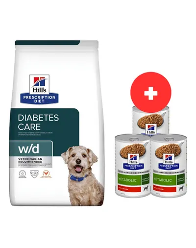 HILL'S Prescription Diet w/d Diabetes Care Chicken Adult 10 kg dupa castrare/supraponderal + 3 x 370g mancare caini GRATIS