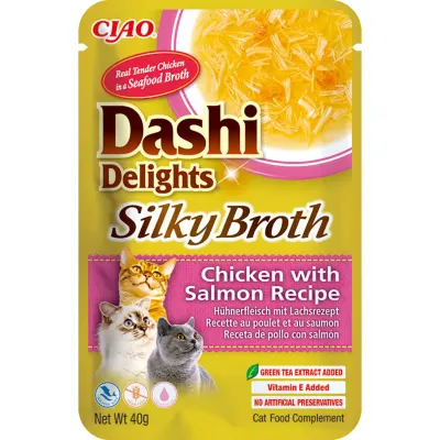 INABA Churu Dashi Delights Silky Broth, Pui și Somon, plic hrană umedă fără cereale pisici, (topping), 40g