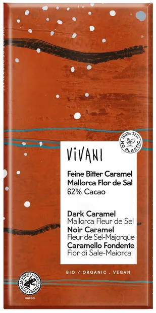 Ciocolată neagră organică cu caramel și sare de mare, 62% cacao, 80 g, Vivani