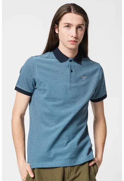 Tricou polo din pique cu guler si mansete contrastante Sports - Albastru prafuit