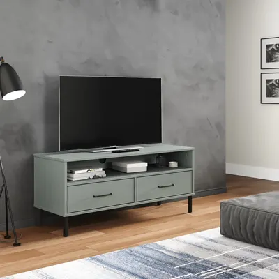 vidaXL Comodă TV cu picioare metalice „OSLO”, gri, lemn masiv pin