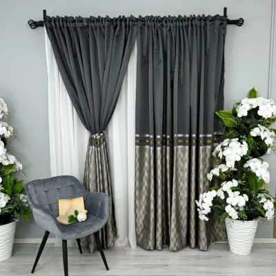 Set 2 Draperii Lines, Satinata, Texturata, Antracit cu Bej, 140cm latime x 260cm inaltime, cu tiv lat pt bara