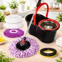 Set Mop Rotativ 8 litri, Cuva din Inox, 4 Rezerve Diferite + Perie Rosturi