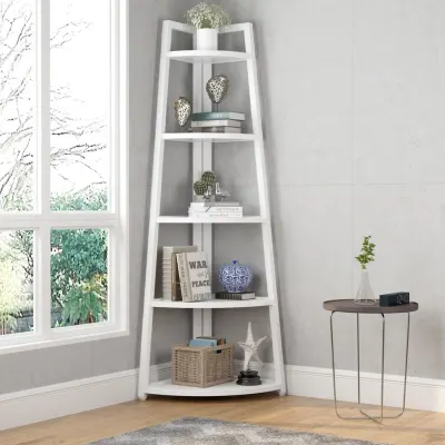 Raft biblioteca de colt cu 5 polite, alb, 52 x 34 x 110cm