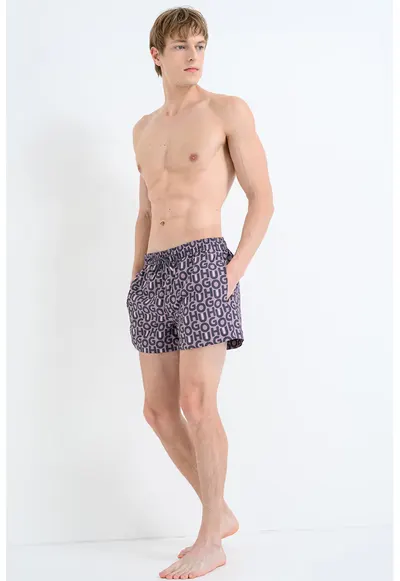 Pantaloni scurti de baie cu model logo si talie ajustabila - Lila/Gri inchis