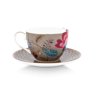 Cană cu farfurioară, Pip Studio, 300 ml, Khaki, colecția Blooming Tales