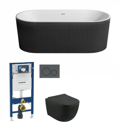 Set cada freestanding ovala 3D, vas wc rimless cu capac soft close, rezervor incastrat si clapeta neagra