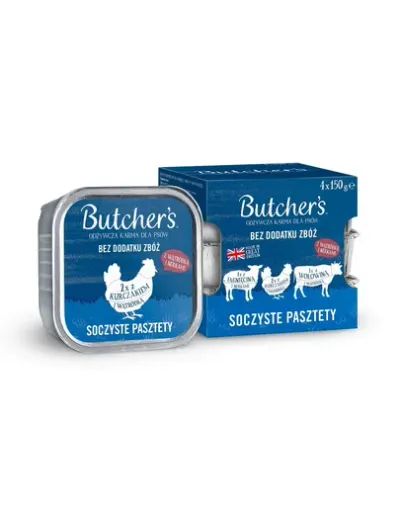 BUTCHER'S Original Pateu suculent Arome mixte cu ficat sau rinichi 4x150 g pateu cu carne de vită, cu miel și pui pentru câini