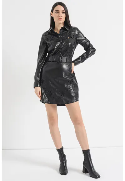 Rochie din piele ecologica cu broderie - Negru