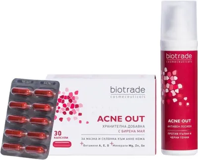 Biotrade Acne Out Set - Supliment alimentar și loțiune activă anti-cosuri, 30 capsule + 60 ml