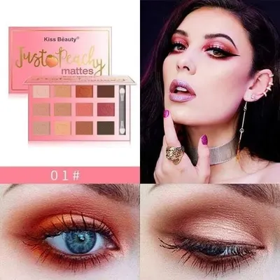 Paleta 12 Farduri de Ochi Mate, Kiss Beauty, Just Peachy Mattes, 01, Cu Oglinda si Aplicator