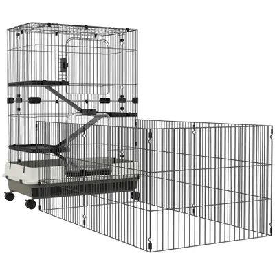 PawHut Cușcă pentru animale mici rulantă 3 platforme demontabile 3 rampe tavă inferioară detașabilă metal PP negru | Aosom Romania