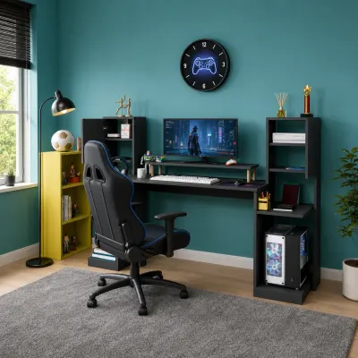 Birou gaming Throne cu biblioteca, rafturi și dulapuri laterale, 183 x 45 x 120 cm