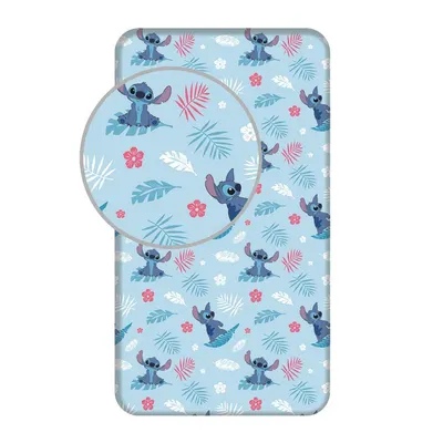 Cearceaf pentru copii albastru din bumbac pentru pat de o persoană cu elastic 90x200 cm Lilo & Stitch "Blue" – Jerry Fabrics