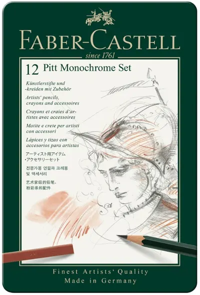 Set de creioane Faber-Castell Pitt Monochrome - 12 bucăți, în cutie metalică