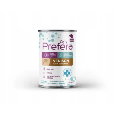 PREFERA MPD, XS-XL, Căprioară și dovleac, dietă veterinară, conservă hrană umedă monoproteică fără cereale câini, (în suc propriu), 400g